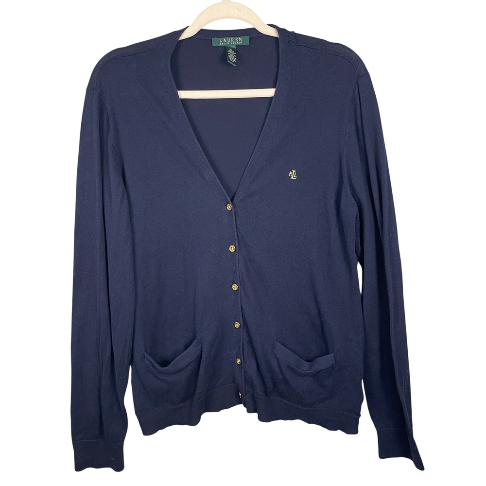 Lauren Ralph Lauren Cardigan Women XL Navy Blue Very Good Gold Buttons Logo